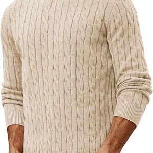 PJ PAUL JONES Mens Cable Knit Crewneck Sweater - Tan - Large